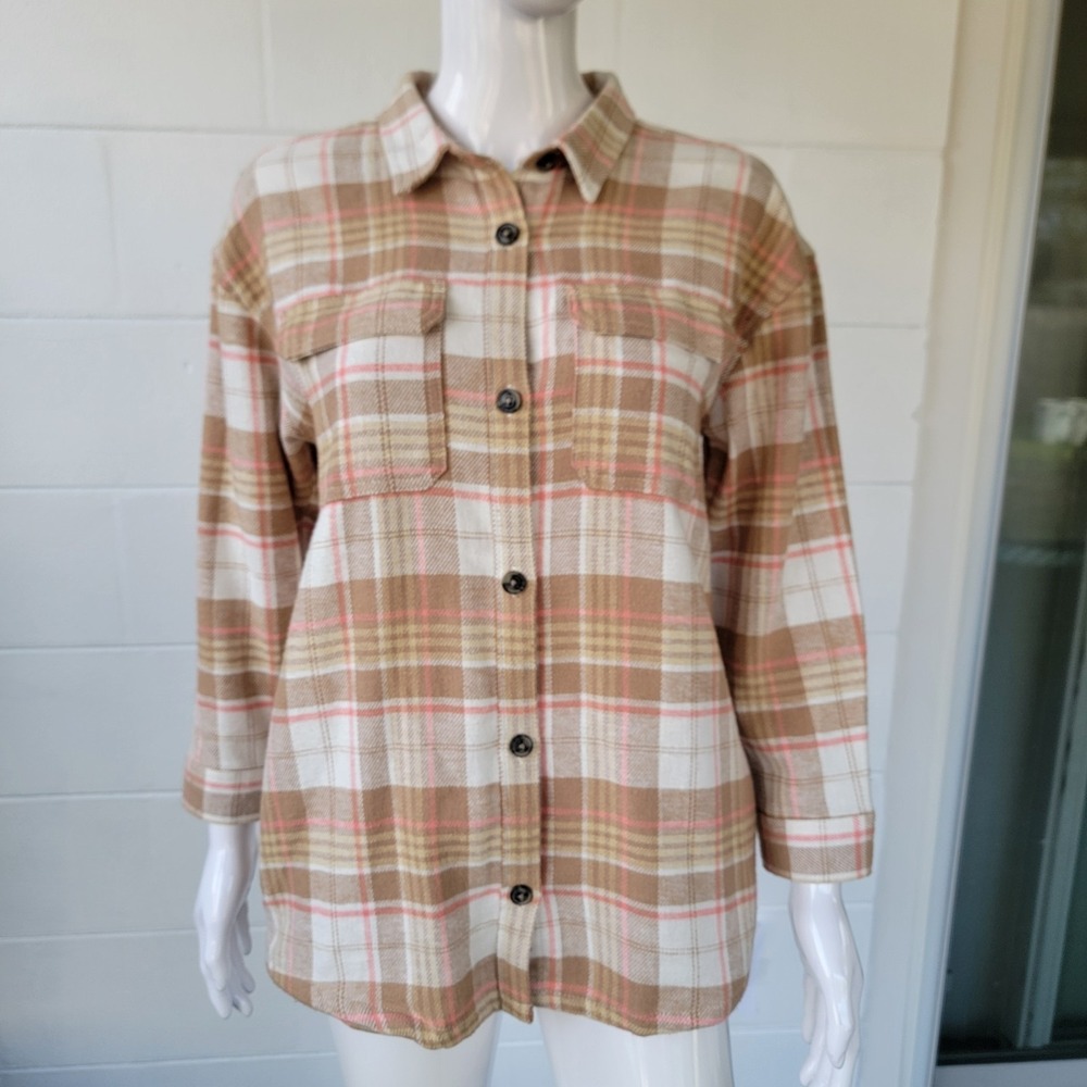 Wonder Nation Plaid Button-Down Shirt Women L (10-12) Long Sleeves Beige Preppy